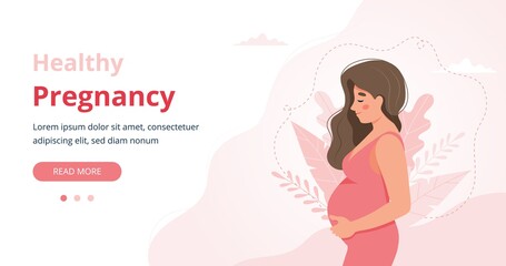 Pregnancy banner, pregnant woman vector illustration in cute cartoon style