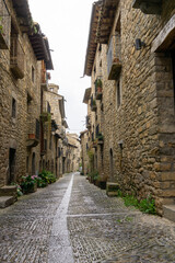 Obraz premium narrow cobblestone street with massive brown stone houses