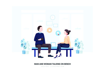 Man and Woman Talking on Bench Vector Illustration concept. 