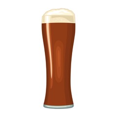 Glass with brown beer with foam. Vector color flat icon. Isolated on white