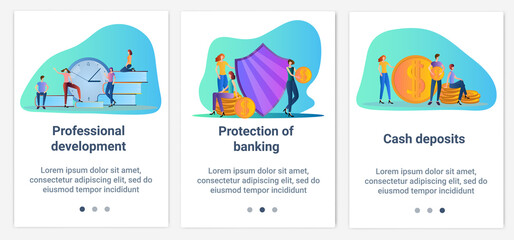Modern flat illustrations in the form of a slider for web design. A set of UI and UX interfaces for the user interface.Bank protection and cash deposit.
