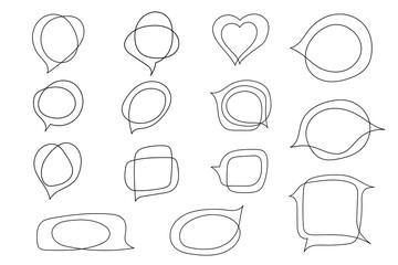 Set of speech bubbles.Hand-drawn one-line elements.Social chat symbols.Collection of text boxes of different shapes.Dialogue banners for story and posts.Isolated.Vector illustration