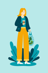 Girl is holding string bag with vegetables and coffee cup. Shopping with eco bag. Zero waste, vegetarianism. Eco lifestyle. 