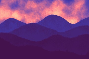 Ultra violet and royal purple mountain landscape. Sunrise and sunset in mountains. Natural background in Japanese style. Travel, adventure, calm energy concept. Outdoor layout design in oriental style