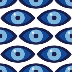 Turkish amulet against the evil eye. Blue eye. Guardian Nazar. Seamless pattern for printing on fabric, textile, paper, interior design. 