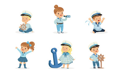 Cute Cheerful Little Boys and Girls in Sailor Costumes Set, Adorable Kids Dreaming of Sailing Cartoon Vector Illustration