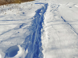 Winter path through the park among snowdrifts. Mobile Photo