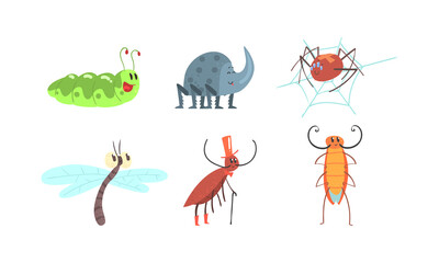 Cute Funny Insects Set, Caterpillar, Rhinoceros Beetle, Spider, Cricket, Dragonfly Cartoon Vector Illustration