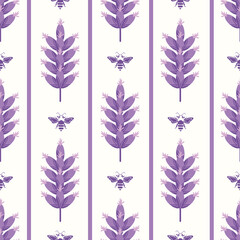 Abstract lavender and bees striped seamless vector pattern background. Modern graphic purple blossoms, bees, stripes on white backdrop. Botanical herb design. Vertical geometric repeat for packaging