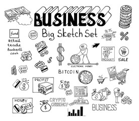 Business ink doodles Sketch set include icons: Money, Percentages, credit cards, bills, goods, services, delivery, sale, profit, interest, payments, goods, basket. Vector hand drawing illustration.