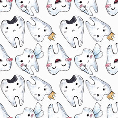 seamless watercolor pattern dentistry and teeth. cartoon cute teeth emoticons on white background. ornament for printing on children's things, fabrics, wallpaper, paper, packaging.