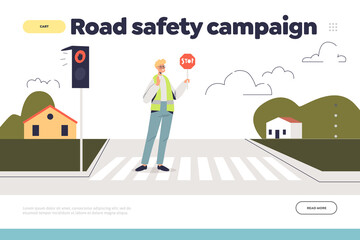 Road safety campaign concept of landing page with traffic controller holding stop sign on crosswalk © Iryna Petrenko