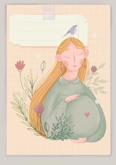 delicate vintage illustration, a postcard depicting a pregnant woman with long blond hair surrounded by flowers, a small heart is drawn on her tummy as a symbol of love for a child