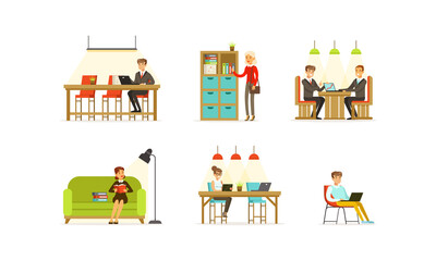 Obraz premium Business People Working in Open Space Office and at Home Set, Freelancers Working Remotely Cartoon Vector Illustration