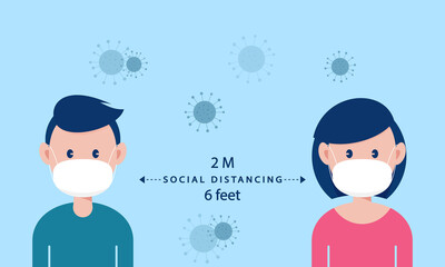 Social distancing concept. Man and woman are wearing surgical  protective mask to prevent from virus, COVID-19,  coronavirus and respiratory disease. Health care concept. Vector illustration.