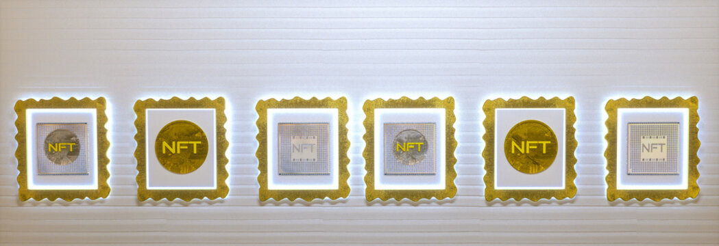 picture gallery with paintings with NFT inscriptions hanging on the wall. cryptoart concept. 3d render illustration