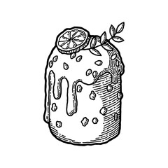 Rustic Easter Kulich Cake as Vector Image. Traditional Russian, European Pastry with Decorative Leaf, Icing and Lemon or Orange Slice as Decoration. Image in Boho Style with Engraving and Monochrome