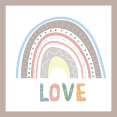 A boho style rainbow with decorative elements. Hand drawn lettering. Minimalist abstract Scandinavian design in pastel colors. Vector illustration for greeting cards, invitations, clothing print