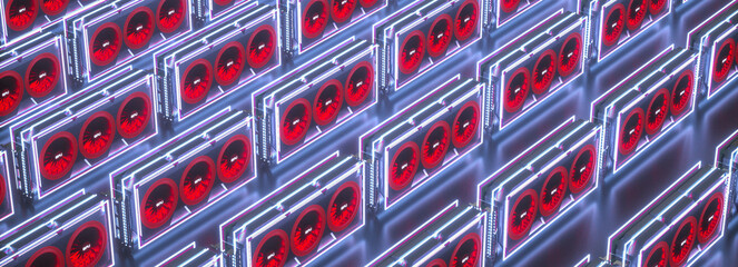 several three-dimensional video cards in neon light on a black background. mining farm concept. 3d render illustration