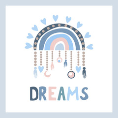 A boho style rainbow with decorative elements. Hand drawn lettering. Minimalist abstract Scandinavian design in pastel colors. Vector illustration for greeting cards, invitations, clothing print