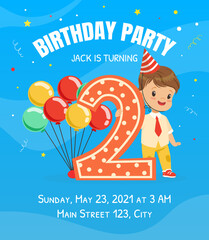 Happy Festive Invitation Card with Boy in Birthday Hat with Balloons and Two Number Vector Illustration