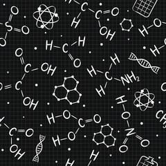 Seamless doodle pattern with chemistry elements on blackboard. Vector background. School pattern on page from a notebook in a cage.