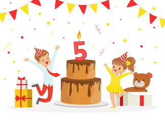 Excited Boy and Girl in Birthday Hat Jumping with Joy Near Huge Cake with Burning Number Candle Celebrating Festive Holiday Vector Illustration