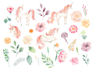Unicorn watercolor illustration baby girls pink floral  © Bianca