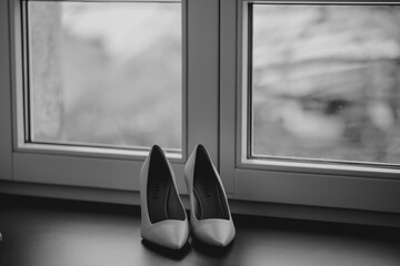 wedding details white bride essentials garter heels slippers