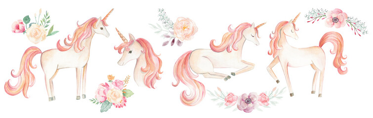 Naklejka na ściany i meble Unicorn watercolor illustration floral pink 