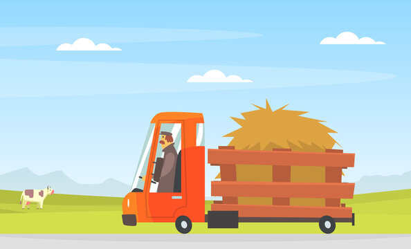 Man Driving Farming Truck with Hay Along the Countryside Road Vector Illustration