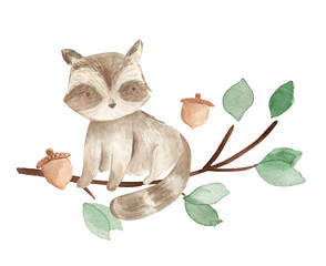 Woodland animals watercolor illustration baby bear fox squirrel bunny 