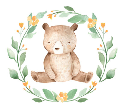 Naklejki Woodland bear watercolor illustration wreath