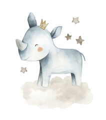 Rhinoceros watercolor illustration baby nursery wall art kids 