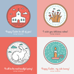 Set of Easter Elements Collection of Templates for Postcard, Gift Tag, Mail Letterhead, Web Design and Advertising with Copyspace. Cute Easter Celebration Symbols Drawn in Linear style