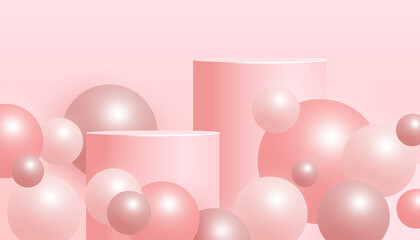 Minimal abstract mock up scene with podium or platform, flying ball geometric shapes on a pink background. Minimal scene with geometrical forms for product presentation. Vector illustration
