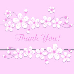 Fototapeta na wymiar Cherry blossom 'Thank you' card. Spring pink flowers and banner with drop shadows on a beige elegant background in modern style. Perfect for mother’s day, wedding, greeting or invitation design