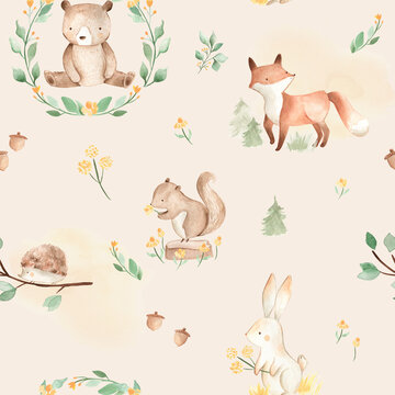 Woodland animals watercolor seamless pattern bear fox bunny 