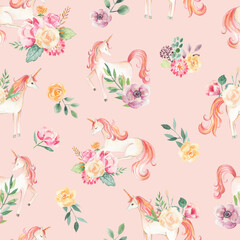 Unicorn watercolor seamless pattern pink © Bianca