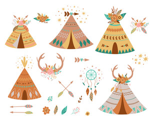 Teepee tents and arrows collection. Native american teepee set, flowers, horns, dreamcather hipster summer adventure © Tani Kuzminka