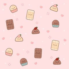 Cute pattern with chocolate and sweets on a pink background with hearts
