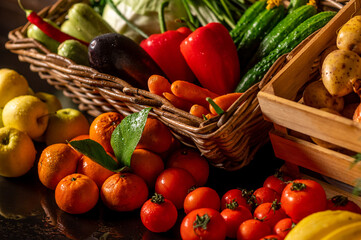 Fresh vegetables in a wooden box on a wooden background. Fruits and vegetables market