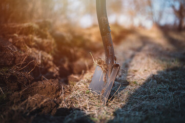 Gardener digging in a garden with a spade. Big shovel close up.