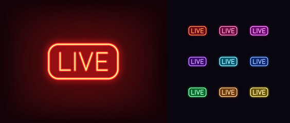 Neon live stream icon. Glowing neon broadcasting sign, outline logo and symbol - obrazy, fototapety, plakaty