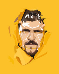 The head of angry man with a beard,mustache peeking out of a torn hole in yellow paper is shattered into small pieces. The concept of insanity,schizophrenia,personality destruction.Vector illustration