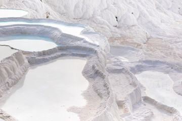 Bowls of water in travertine mountain of Pamukkale with thermal springs, located in Denizli province of Turkey.