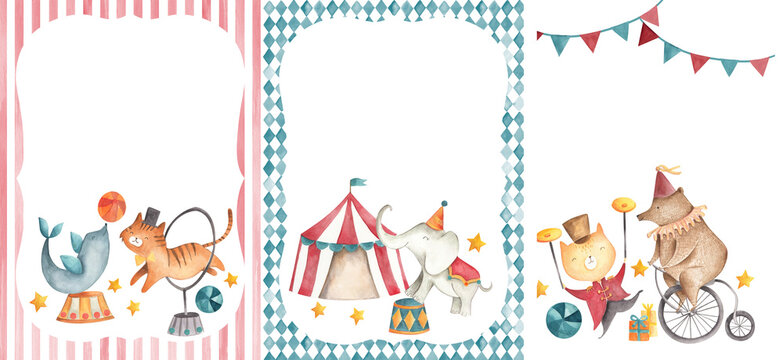Circus watercolor illustration invitation frame template 