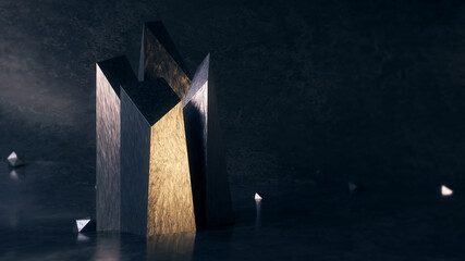 Fototapeta premium Sci Fi Modern Concrete Cement Futuristic Garage Empty Space whith metallic monolith, 3D Render illustration