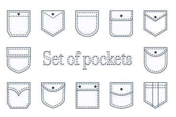 Pocket patches. Textile uniform blue pockets shapes for clothes bag vector pictures collection.