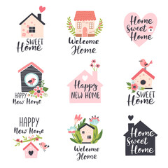 Family house logo design concepts, real estate icons, home decor store emblems with spring flowers and calligraphy text. Hand drawn vector illustration.